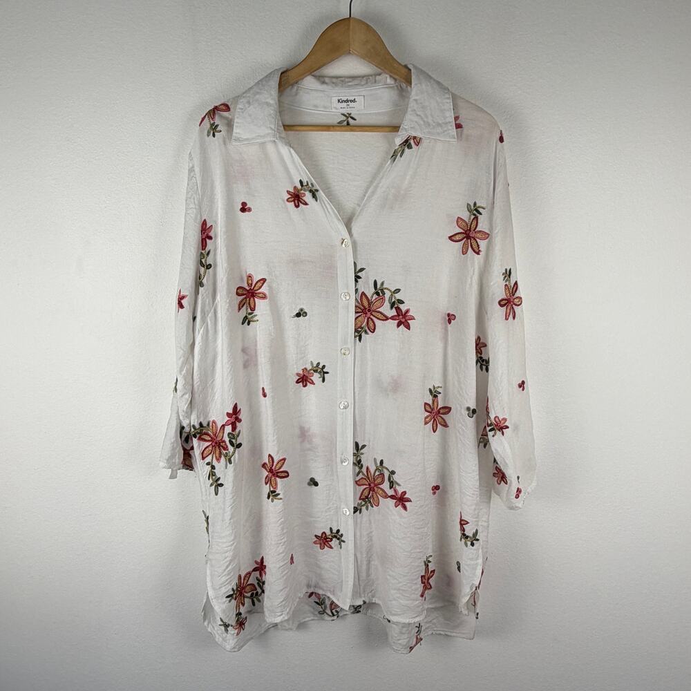 Kindred White Floral Embroidered Tunic Button Down Shirt Women's 3X Bohemian